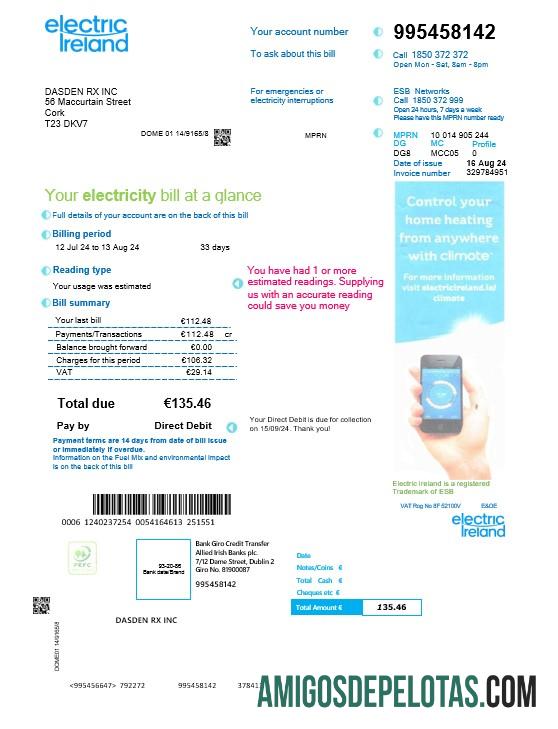 em branco IRELAND ELECTRIC IRELAND Business Utility Bill Modelo Word e PDF